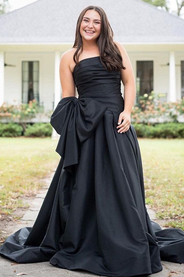 Strapless Light Blue A Line Satin Split Long Prom Dress With Bow