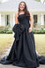 Strapless Light Blue A Line Satin Split Long Prom Dress With Bow