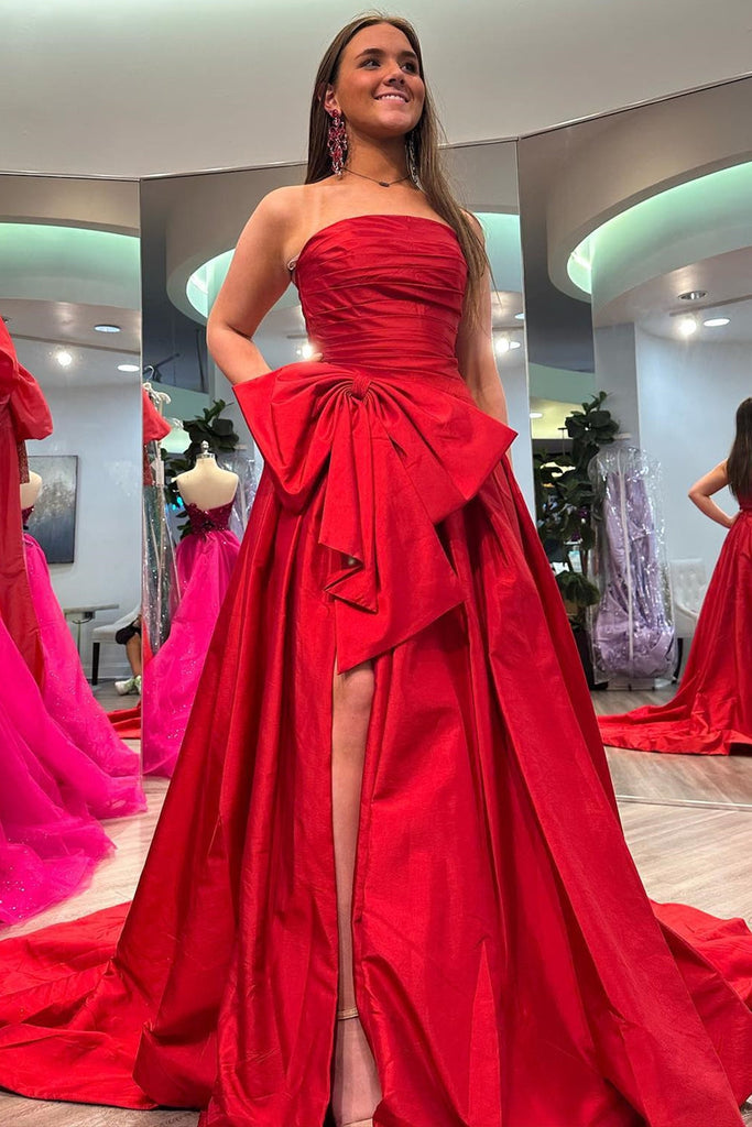 Strapless Light Blue A Line Satin Split Long Prom Dress With Bow