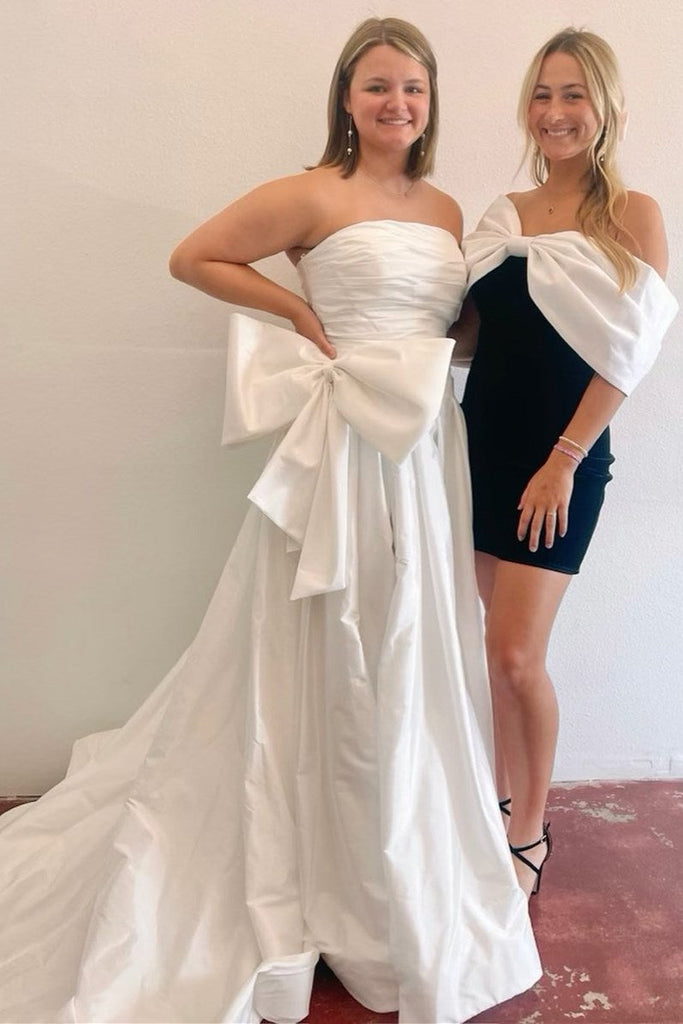 Strapless Light Blue A Line Satin Split Long Prom Dress With Bow