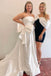 Strapless Light Blue A Line Satin Split Long Prom Dress With Bow