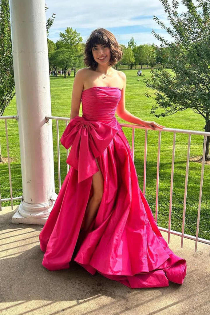 Strapless Light Blue A Line Satin Split Long Prom Dress With Bow