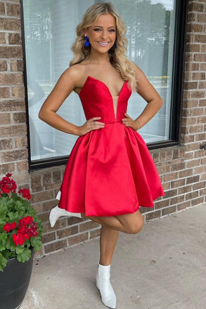 Strapless Red Plunge Neck Sleeveless A Line Satin Short Homecoming Dress