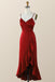 Strapless Red V Neck Hi-Low Long Bridesmaid Dress With Ruffles