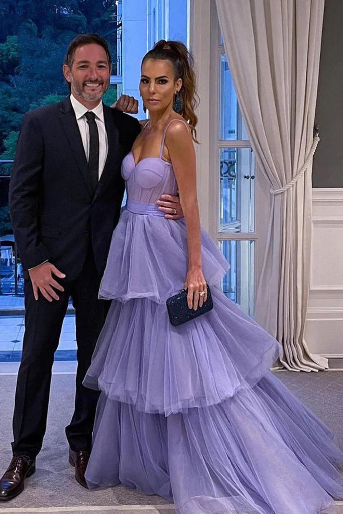 Sweetheart Purple A Line Princess Tulle Long Prom Dresses With Layers