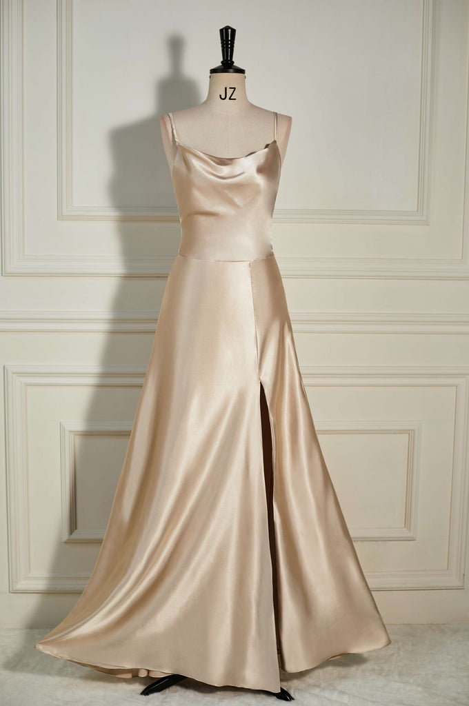 Straps Champagne Satin A Line Long Bridesmaid Dress With Slit