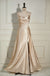 Straps Champagne Satin A Line Long Bridesmaid Dress With Slit