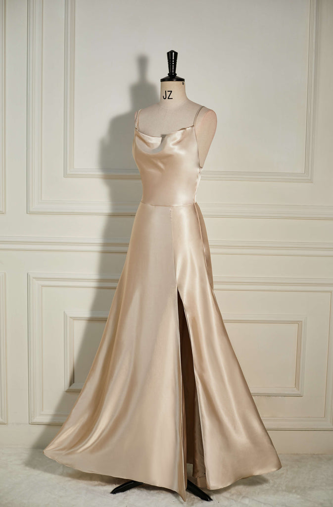 Straps Champagne Satin A Line Long Bridesmaid Dress With Slit