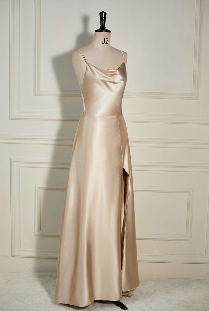 Straps Champagne Satin A Line Long Bridesmaid Dress With Slit