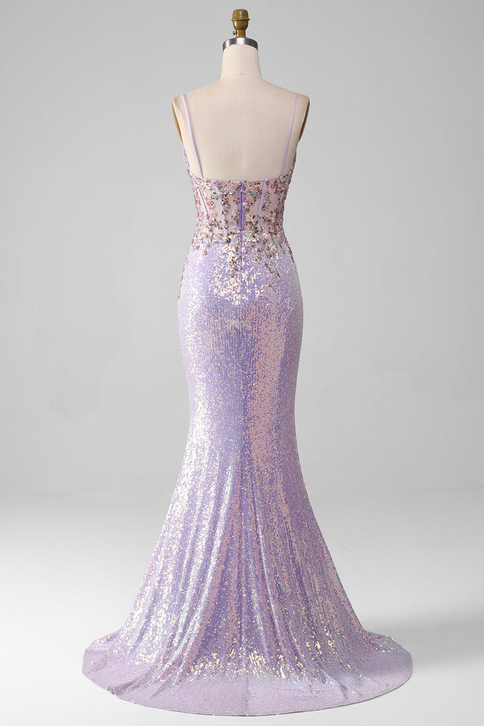 Unique Spaghetti Straps Lilac Mermaid Slit Long Prom Dress With Sequins