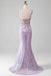 Unique Spaghetti Straps Lilac Mermaid Slit Long Prom Dress With Sequins