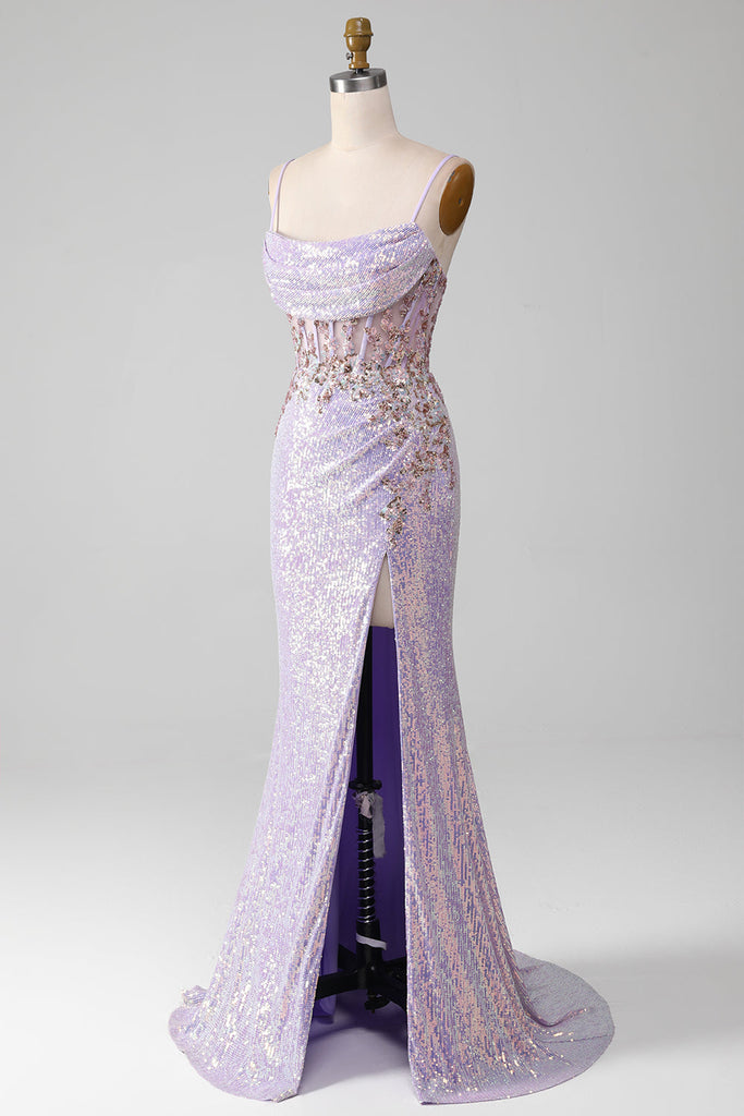 Unique Spaghetti Straps Lilac Mermaid Slit Long Prom Dress With Sequins