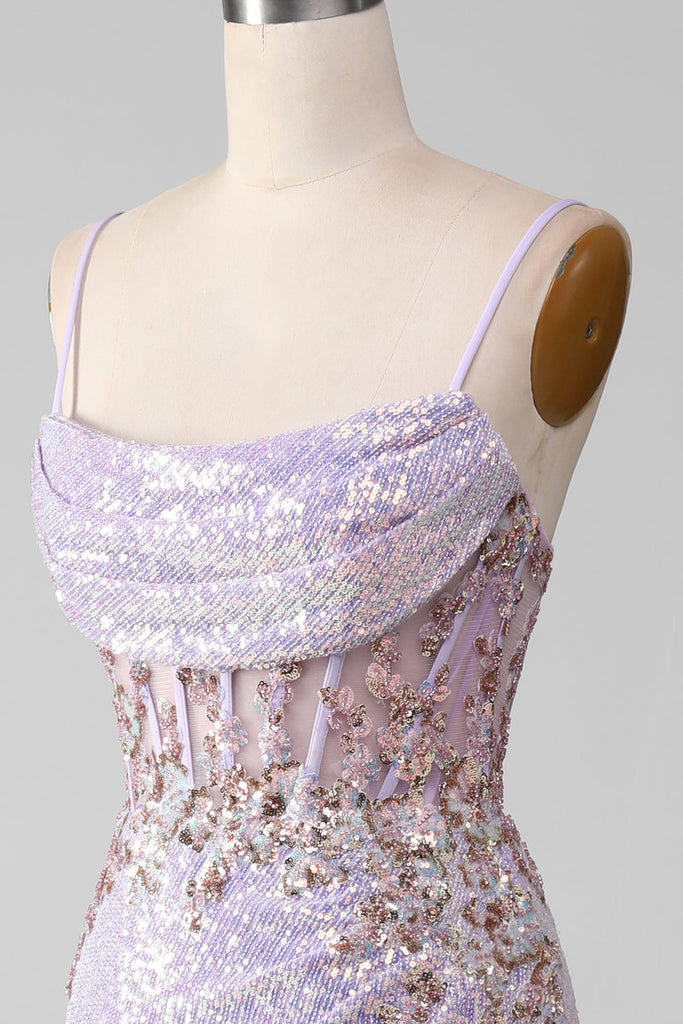 Unique Spaghetti Straps Lilac Mermaid Slit Long Prom Dress With Sequins