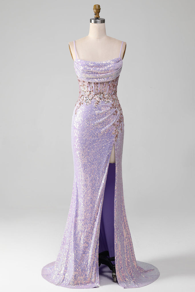 Unique Spaghetti Straps Lilac Mermaid Slit Long Prom Dress With Sequins