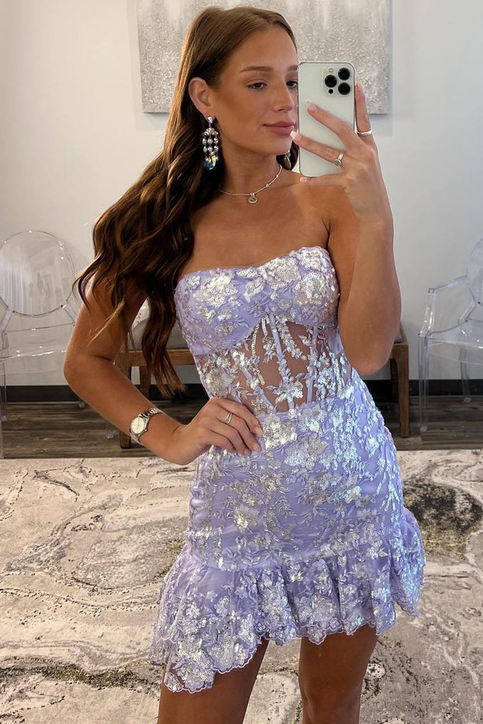 Sparkly Lavender Sequin A Line Short Homecoming Dress With Appliques