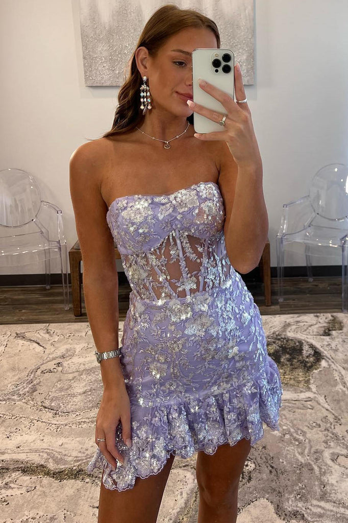 Sparkly Lavender Sequin A Line Short Homecoming Dress With Appliques