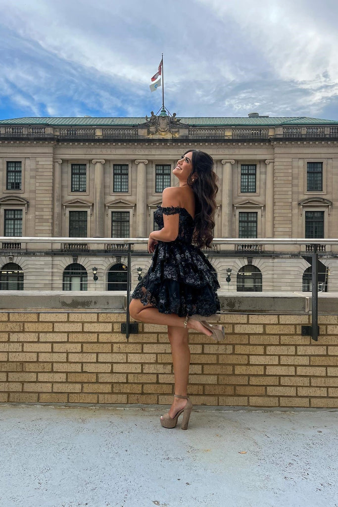 Sparkly Black A Line Short Homecoming Dress With Tiered Ruffle