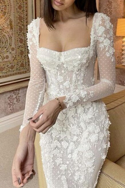 Mermaid Ivory Long Sleeves Dots Wedding Dress With Lace Appliques
