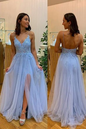 Sexy Straps Blue A Line Lace V Neck Long Prom Dress With Slit
