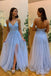 Sexy Straps Blue A Line Lace V Neck Long Prom Dress With Slit