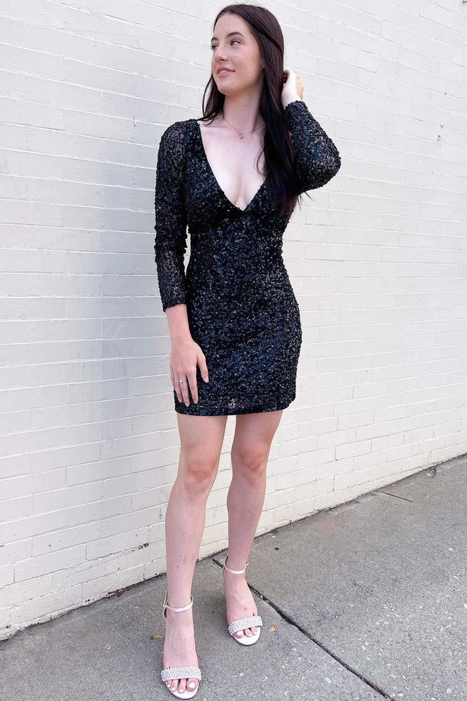 Deep V Neck Black Short Homecoming Dress With Sequin Long Sleeves