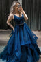 Sparkly V Neck Dark Blue Spaghetti Straps Long Prom Dress With Belt