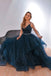 Sparkly V Neck Dark Blue Spaghetti Straps Long Prom Dress With Belt