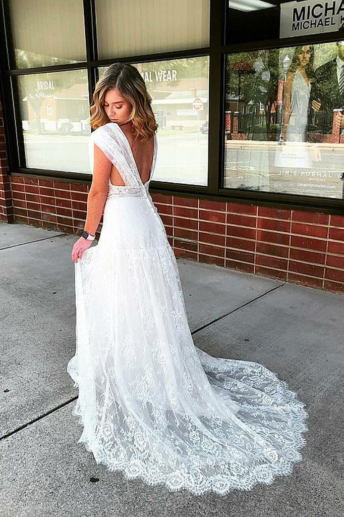 Deep V Neck Ivory A Line Lace Wedding Dress, V Back Beach Wedding Dress