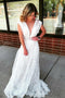 Deep V Neck Ivory A Line Lace Wedding Dress, V Back Beach Wedding Dress