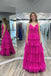 Spaghetti Straps Fuchsia A Line Pleated Long Prom Dress With Ruffles