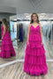 Spaghetti Straps Fuchsia A Line Pleated Long Prom Dress With Ruffles