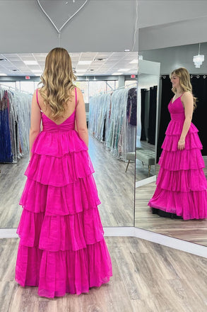 Spaghetti Straps Fuchsia A Line Pleated Long Prom Dress With Ruffles