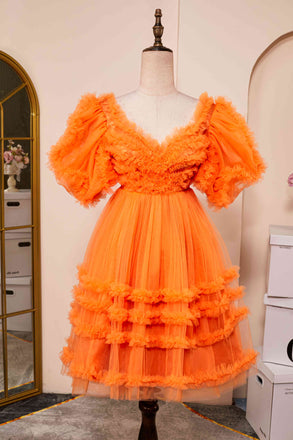 Puff Sleeves Orange Tulle Short Homecoming Dress With Ruffled