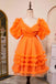 Puff Sleeves Orange Tulle Short Homecoming Dress With Ruffled