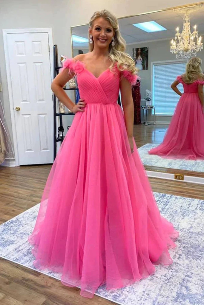 V Neck Pink Tulle Long Prom Dress With Floral, A Line Pink Evening Dress