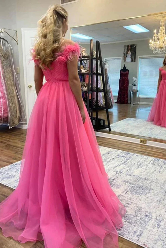 V Neck Pink Tulle Long Prom Dress With Floral, A Line Pink Evening Dress