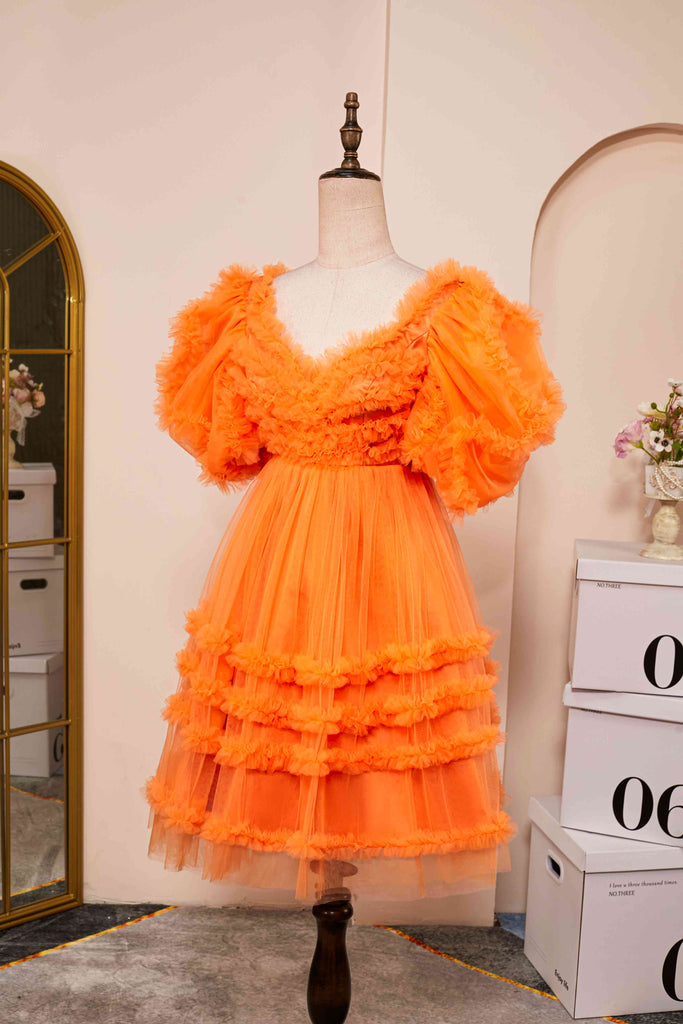 Puff Sleeves Orange Tulle Short Homecoming Dress With Ruffled