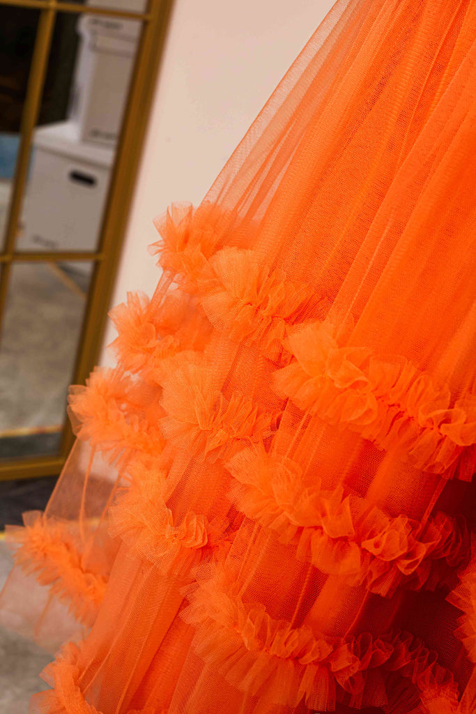 Puff Sleeves Orange Tulle Short Homecoming Dress With Ruffled
