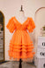 Puff Sleeves Orange Tulle Short Homecoming Dress With Ruffled