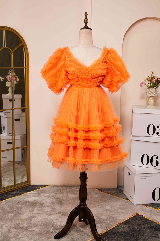 Puff Sleeves Orange Tulle Short Homecoming Dress With Ruffled