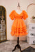 Puff Sleeves Orange Tulle Short Homecoming Dress With Ruffled