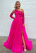 One Shoulder Fuchsia A Line Slit Long Prom Dress With Detachable Sleeves