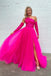 One Shoulder Fuchsia A Line Slit Long Prom Dress With Detachable Sleeves