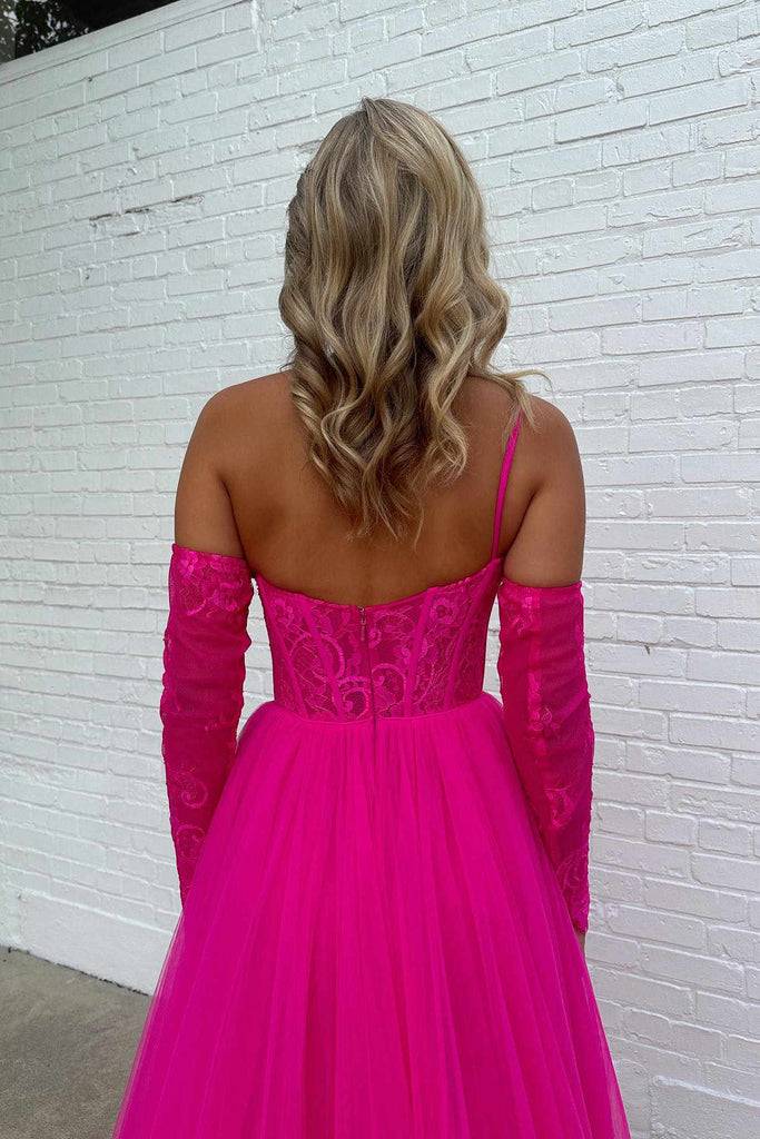 One Shoulder Fuchsia A Line Slit Long Prom Dress With Detachable Sleeves