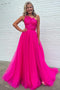 One Shoulder Fuchsia A Line Slit Long Prom Dress With Detachable Sleeves