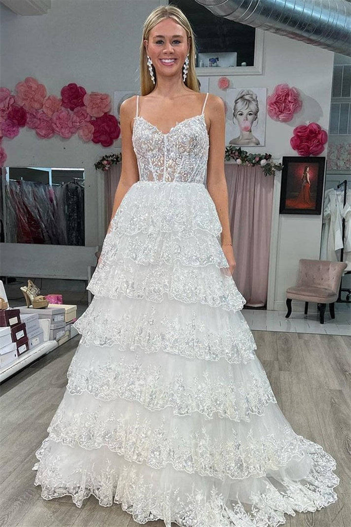 Spaghetti Straps White Tiered A-Line Sequin Prom Dress With Sleeveless
