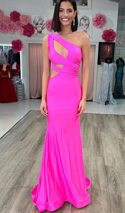 One-Shoulder Pink Cutout Mermaid Long Evening Dress