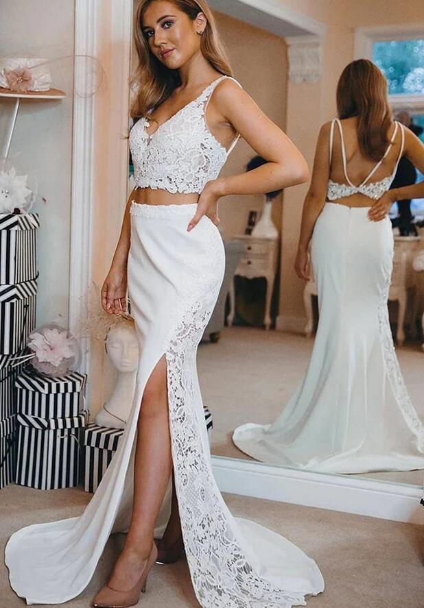 Two Pieces White Lace Mermaid Long Evening Dress With Split