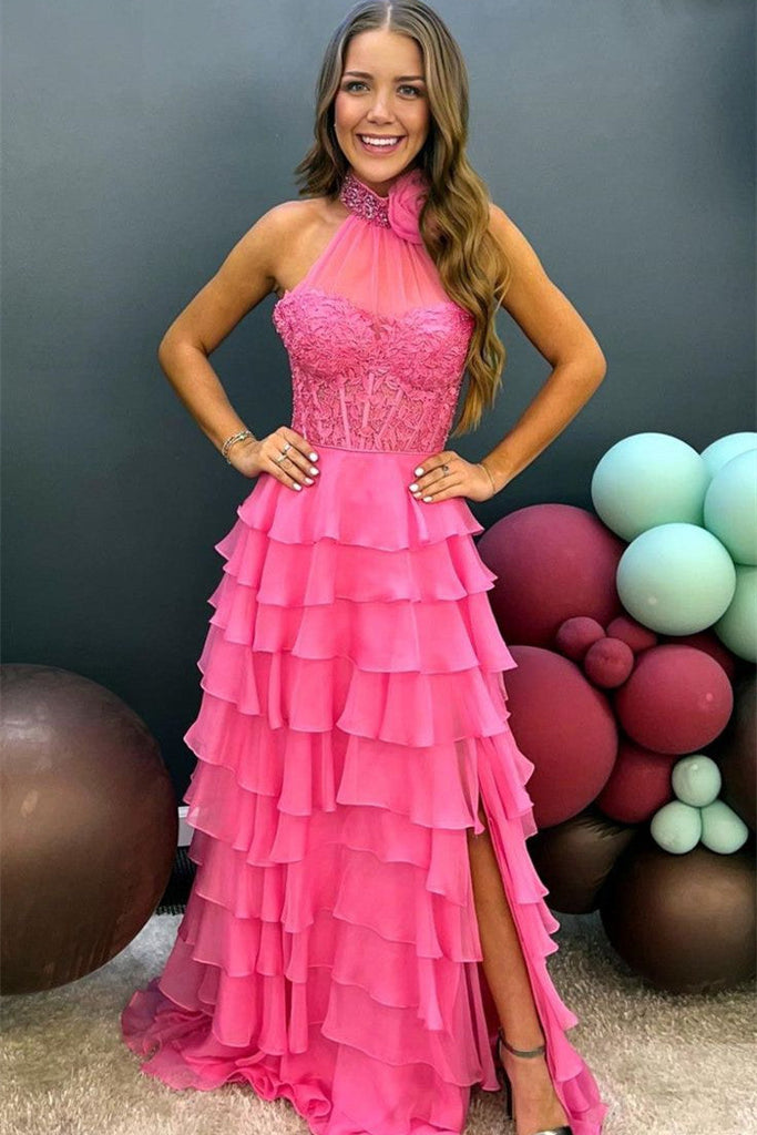 High Neck Hot Pink Prom Dress With Split, Ruffle Long Evening Gown