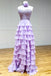 High Neck Hot Pink Prom Dress With Split, Ruffle Long Evening Gown